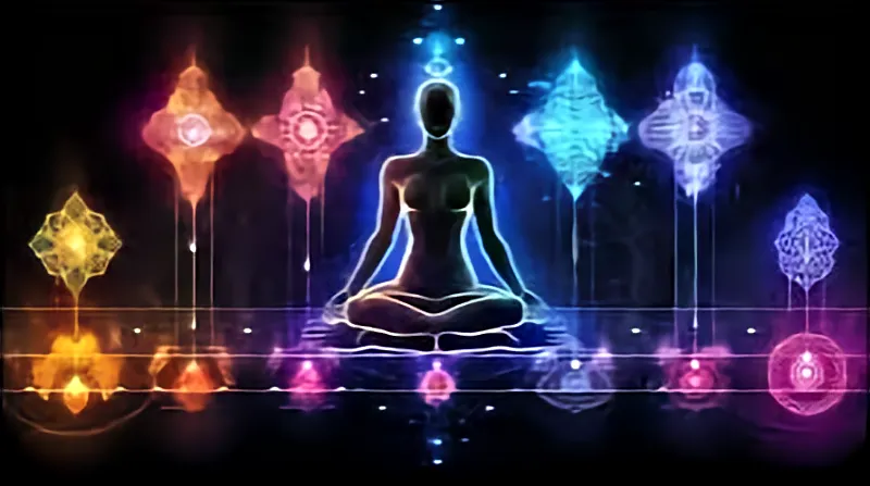 Colorful graphic of figure and chakras